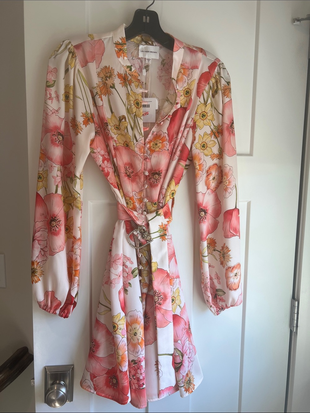 Lavender Brown White Mini Dress with Pink & Yellow Floral Print